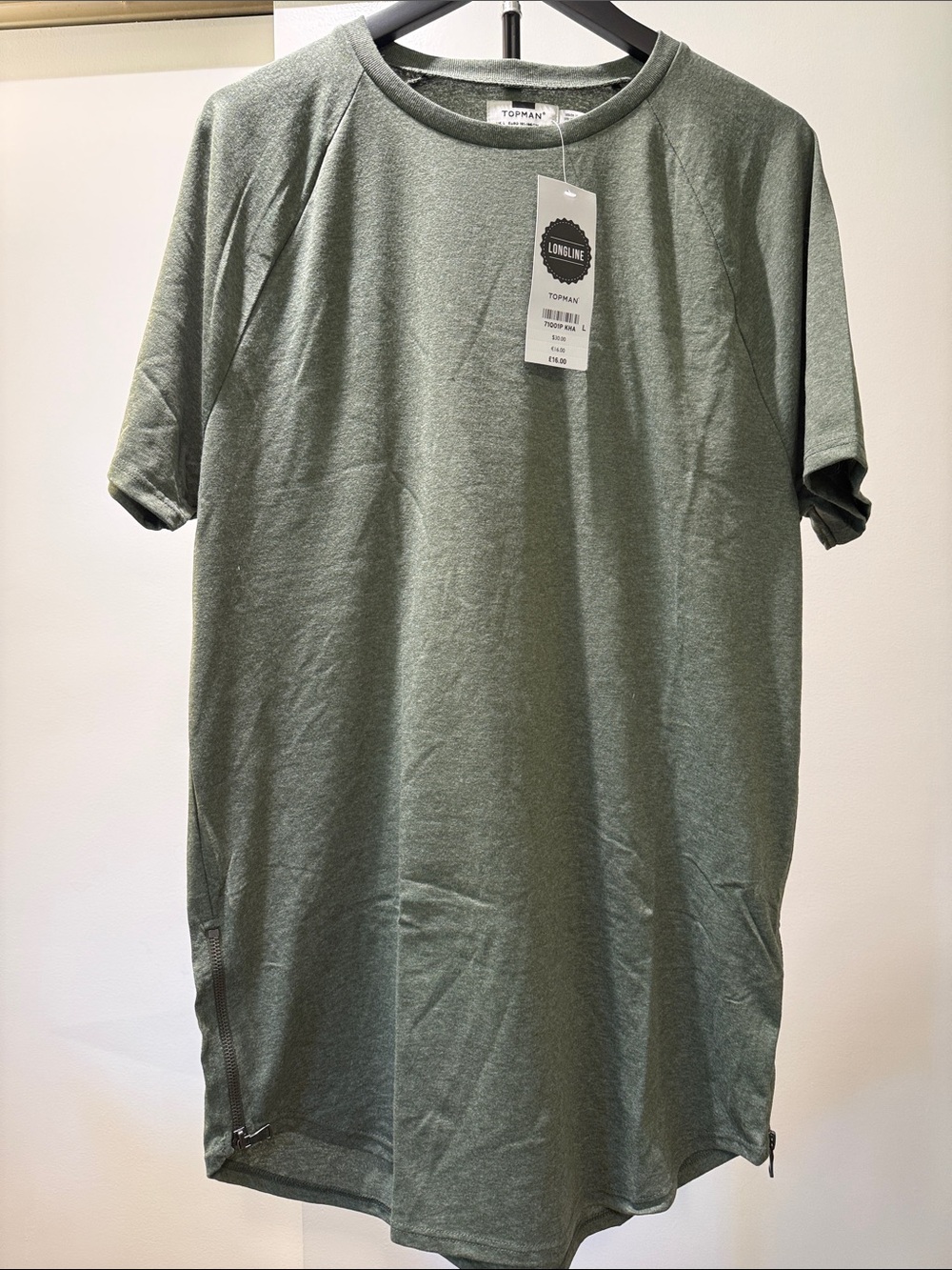 Unisex TOPMAN longline Olive Green Crew Tee shirt with the zipper accents